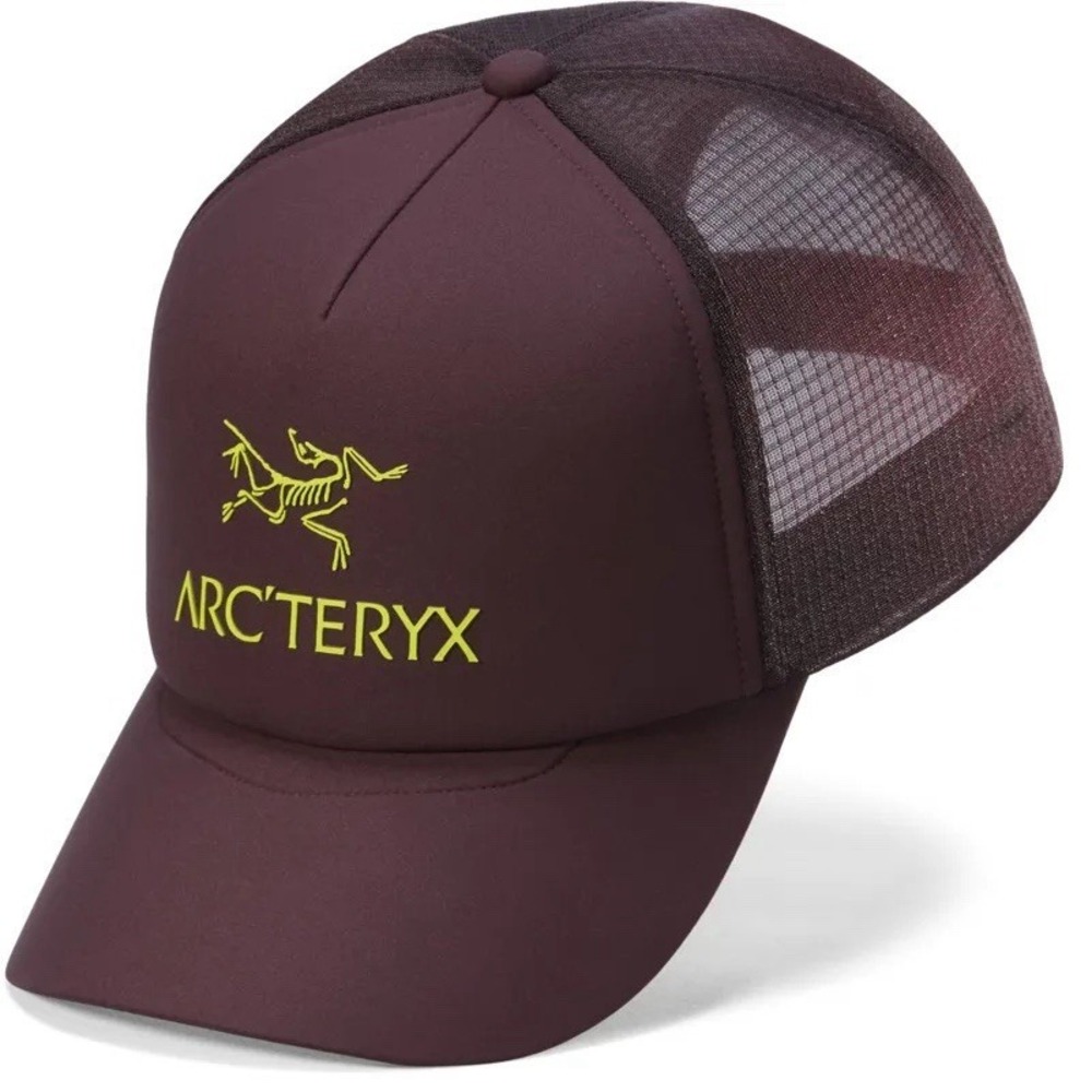 Arc'teryx Adult Bird Word Trucker Curved in Phantasm/Euphoria Brown Green New